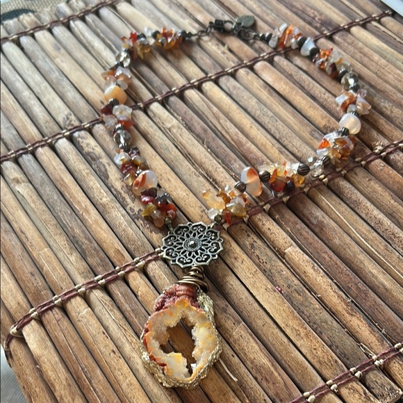 Gold and Brown Bohemian Necklace with Crystal Pendant - Picture 1 of 10